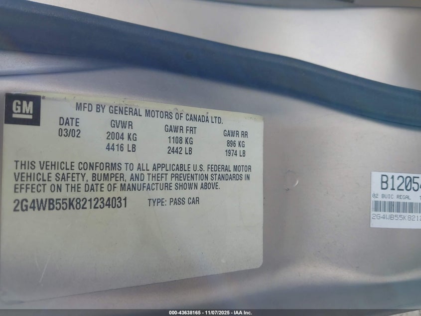 2002 Buick Regal Ls VIN: 2G4WB55K821234031 Lot: 43638165
