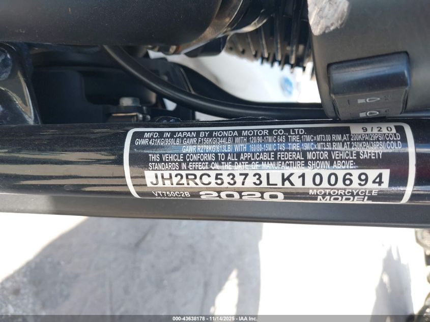 2020 Honda Vt750 C2B VIN: JH2RC5373LK100694 Lot: 43638178