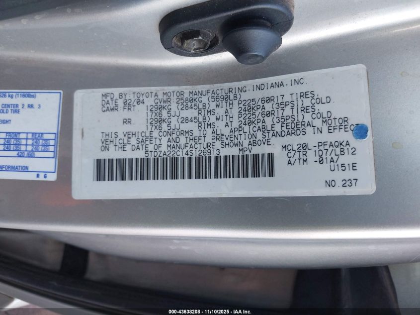 2004 Toyota Sienna Xle VIN: 5TDZA22C14S126913 Lot: 43638208