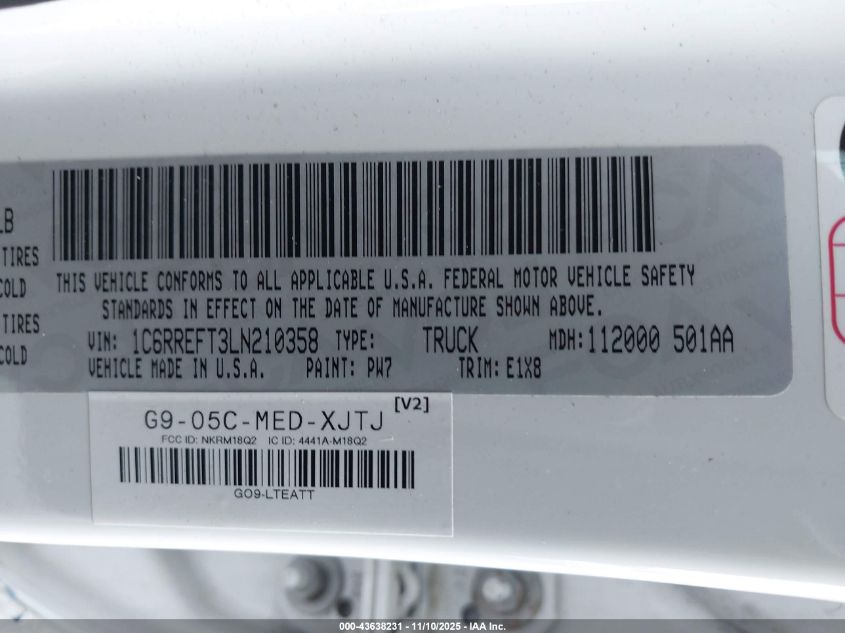 2020 Ram 1500 Big Horn 4X2 5'7 Box VIN: 1C6RREFT3LN210358 Lot: 43638231