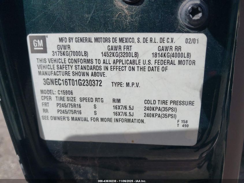 2001 Chevrolet Suburban 1500 Ls VIN: 3GNEC16T01G230372 Lot: 43638238