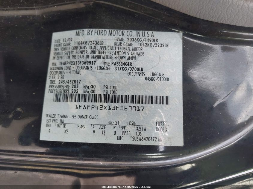 2003 Ford Mustang Gt VIN: 1FAFP42X13F369917 Lot: 43638276