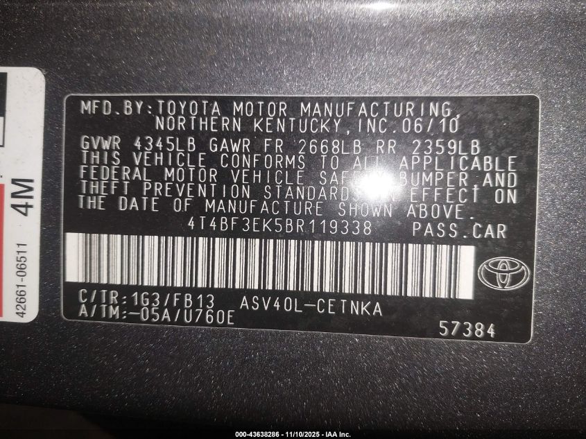 2011 Toyota Camry Le VIN: 4T4BF3EK5BR119338 Lot: 43638286