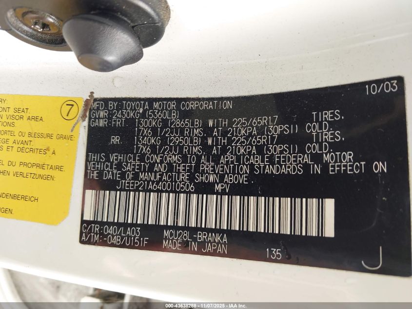 2004 Toyota Highlander Limited V6 VIN: JTEEP21A640010506 Lot: 43638288