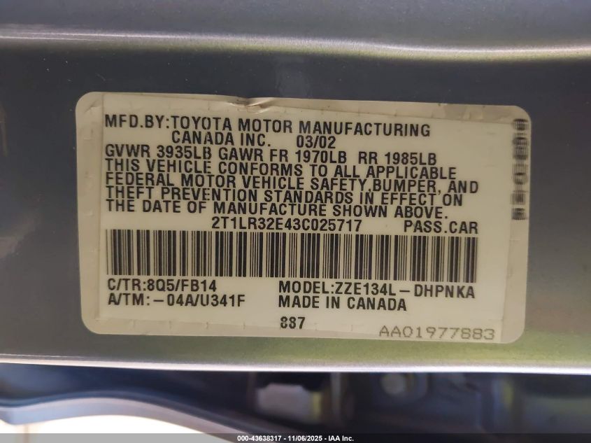 2003 Toyota Matrix Xr VIN: 2T1LR32E43C025717 Lot: 43638317