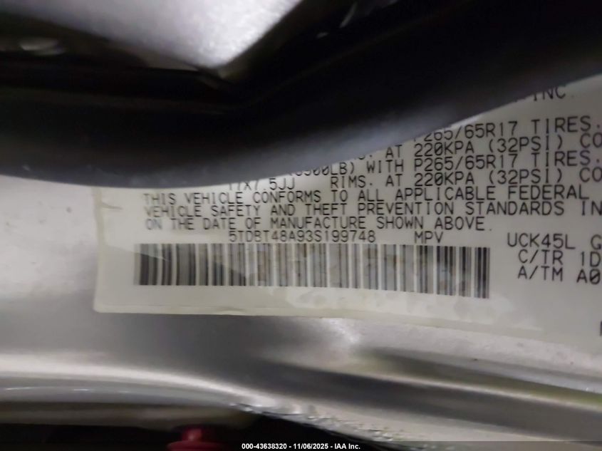 2003 Toyota Sequoia Limited V8 VIN: 5TDBT48A93S199748 Lot: 43638320