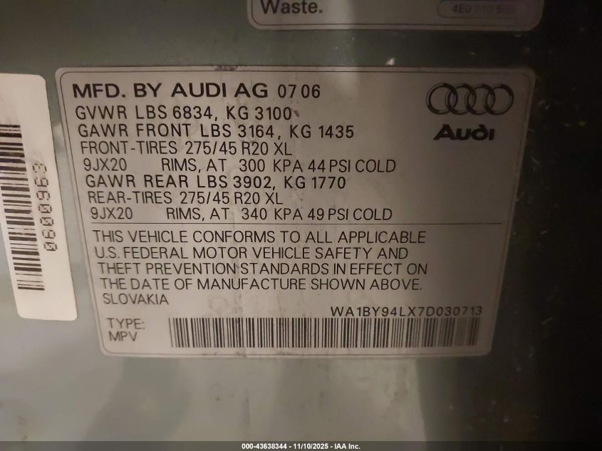 2007 Audi Q7 3.6 Premium VIN: WA1BY94LX7D030713 Lot: 43638344