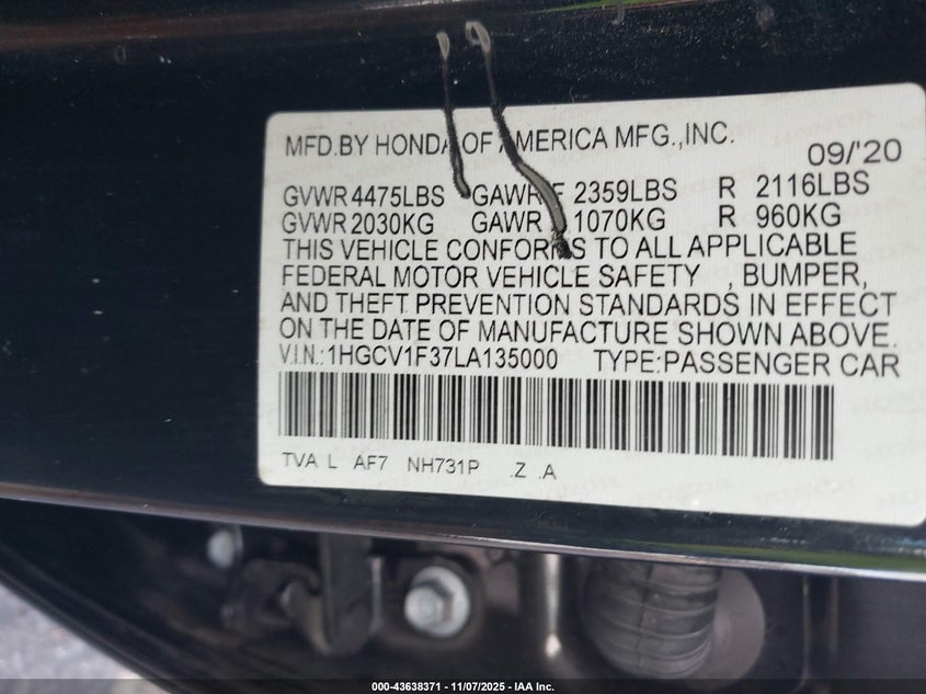 2020 HONDA ACCORD SPORT - 1HGCV1F37LA135000