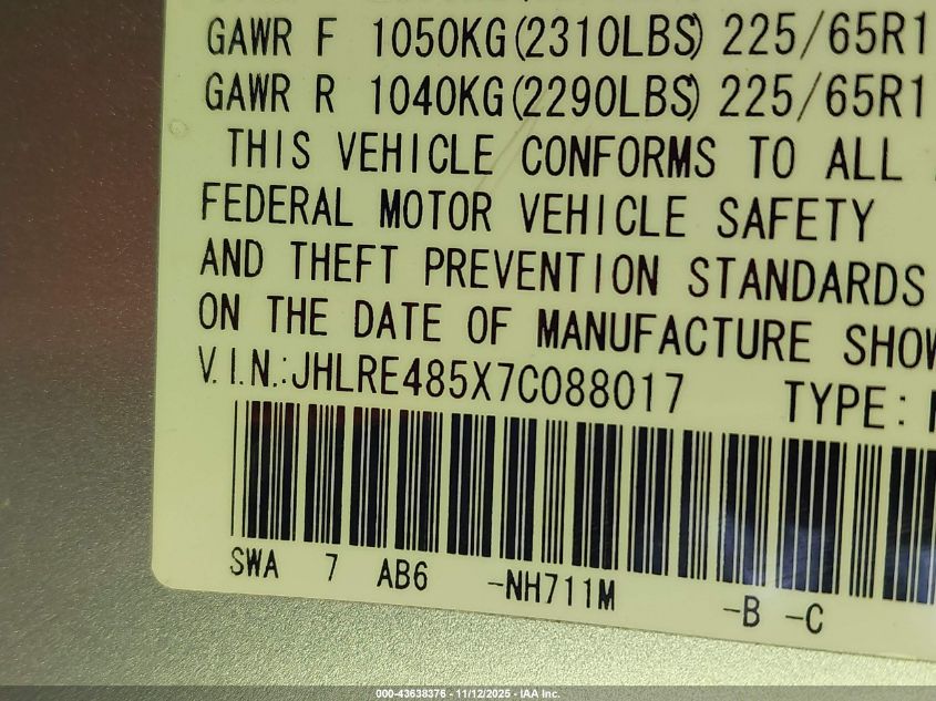 2007 Honda Cr-V Ex VIN: JHLRE485X7C088017 Lot: 43638376
