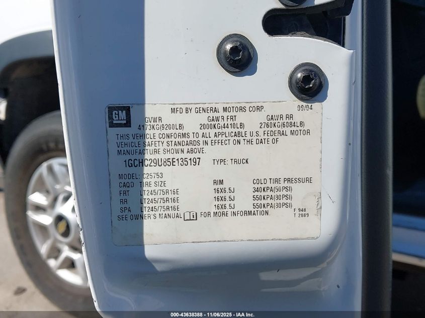 2005 Chevrolet Silverado 2500Hd Ls VIN: 1GCHC29U85E135197 Lot: 43638388