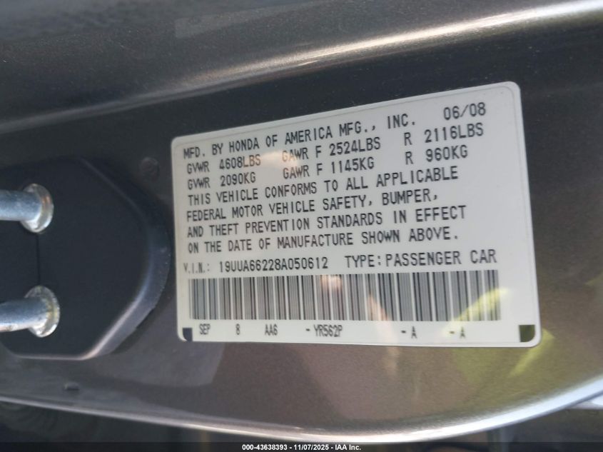 2008 Acura Tl 3.2 VIN: 19UUA66228A050612 Lot: 43638393