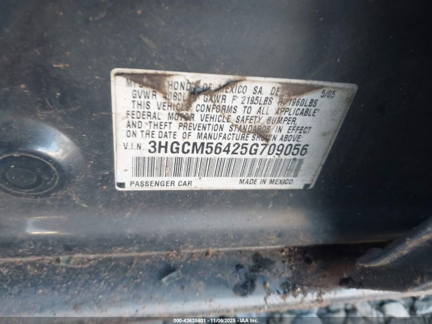 2005 Honda Accord 2.4 Lx VIN: 3HGCM56425G709056 Lot: 43638401