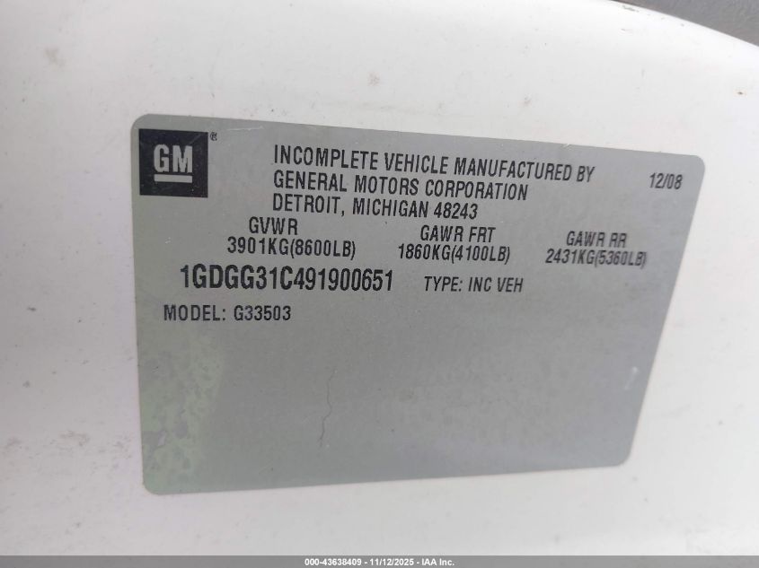 2009 GMC Savana Cutaway Work Van VIN: 1GDGG31C491900651 Lot: 43638409