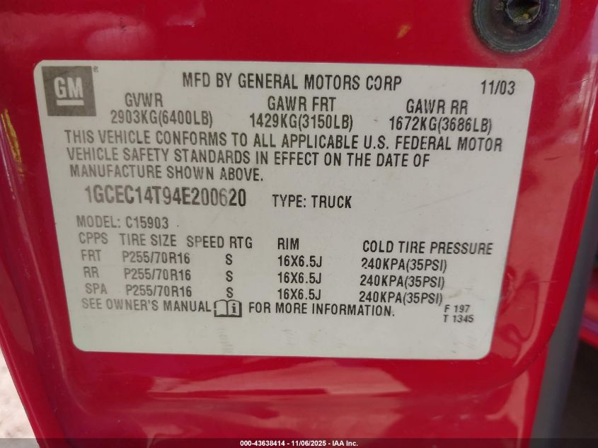 2004 Chevrolet Silverado 1500 Ls VIN: 1GCEC14T94E200620 Lot: 43638414