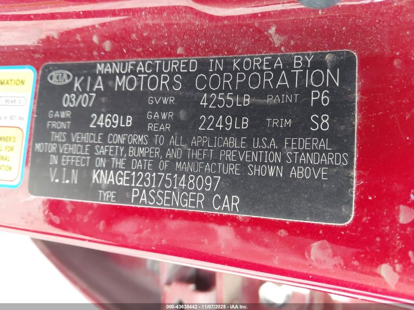 2007 Kia Optima Lx VIN: KNAGE123175148097 Lot: 43638442