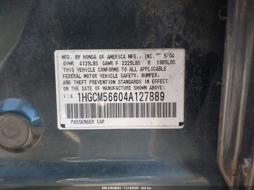 2004 Honda Accord 2.4 Ex VIN: 1HGCM56604A127889 Lot: 43638451