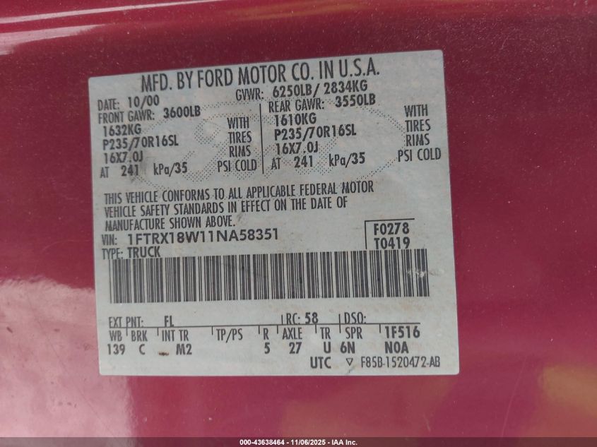 2001 Ford F-150 Lariat/Xl/Xlt VIN: 1FTRX18W11NA58351 Lot: 43638464