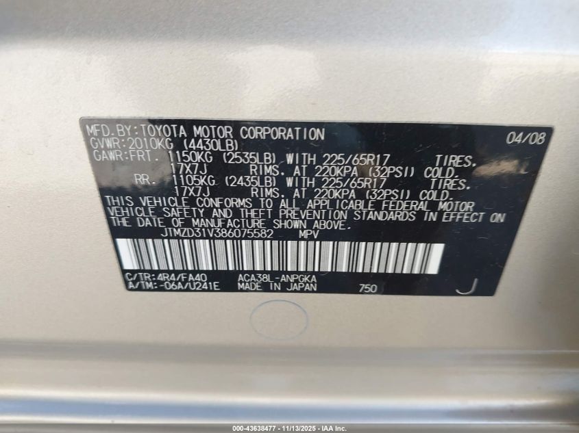 2008 Toyota Rav4 Limited VIN: JTMZD31V386075582 Lot: 43638477