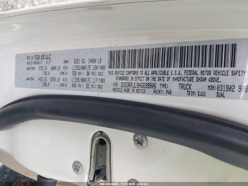 2017 Ram 3500 Laramie 4X4 8' Box VIN: 3C63RRJL9HG699806 Lot: 43638485