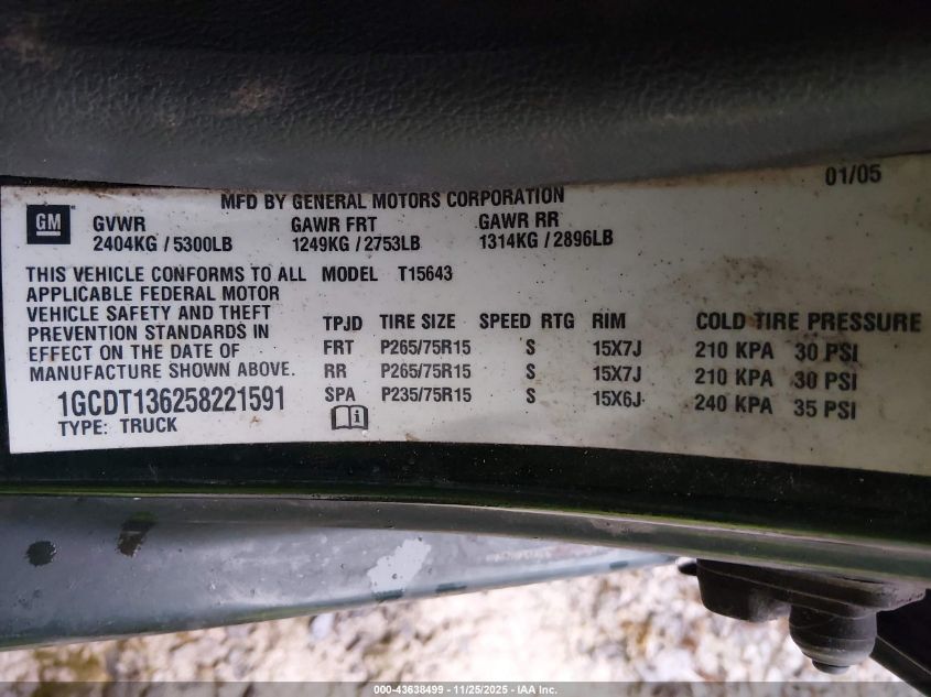 2005 Chevrolet Colorado Ls VIN: 1GCDT136258221591 Lot: 43638499