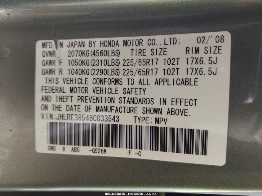 2008 Honda Cr-V Ex VIN: JHLRE38548C033543 Lot: 43638525