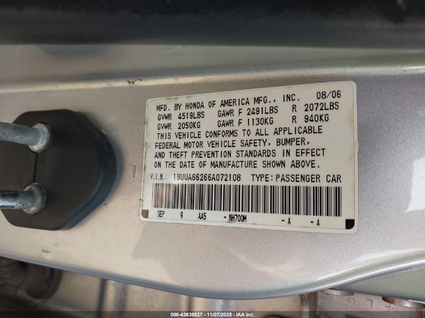 2006 Acura Tl VIN: 19UUA66266A072108 Lot: 43638527