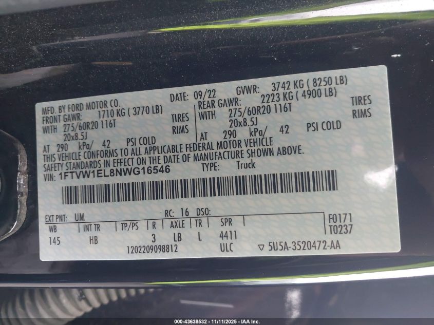 2022 Ford F-150 Lightning Lariat VIN: 1FTVW1EL8NWG16546 Lot: 43638532