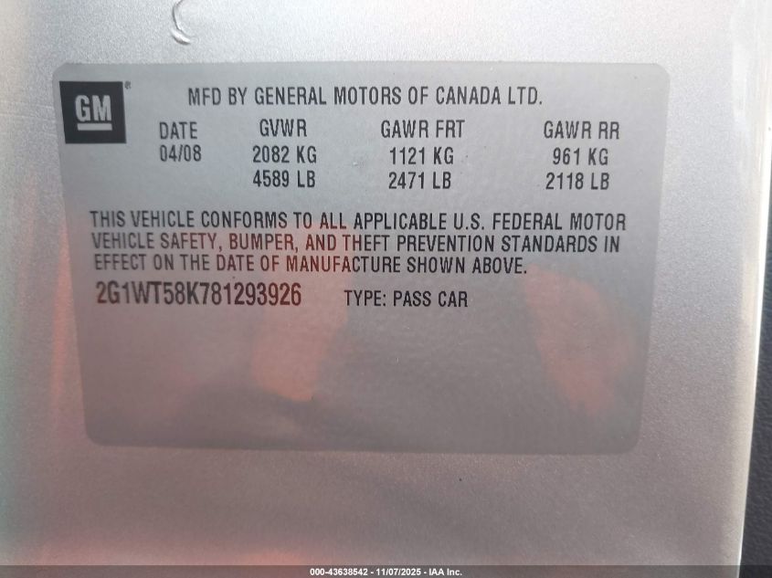 2008 Chevrolet Impala Lt VIN: 2G1WT58K781293926 Lot: 43638542