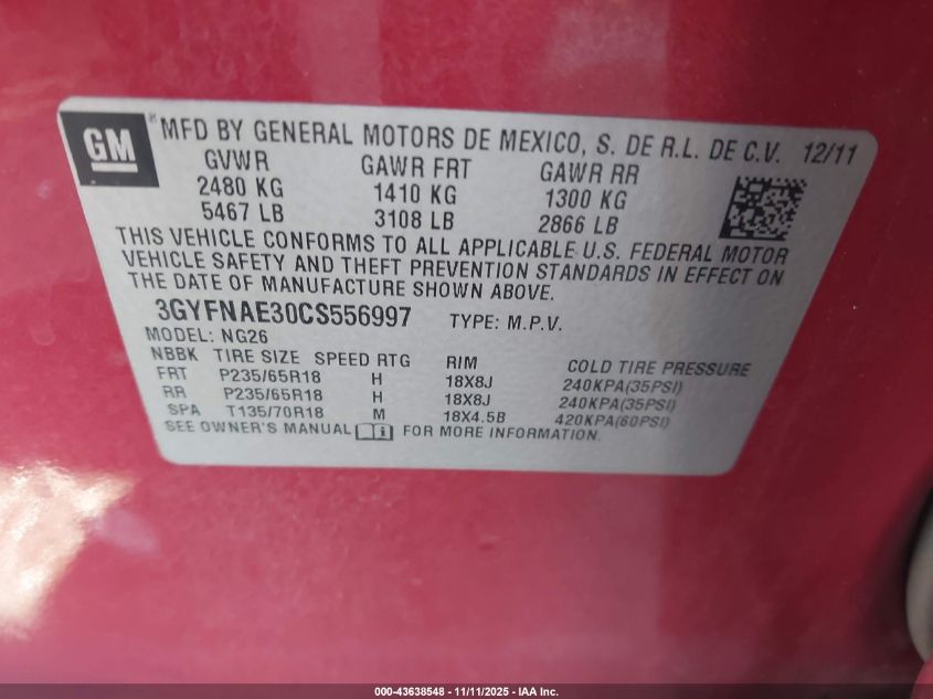 2012 Cadillac Srx Luxury Collection VIN: 3GYFNAE30CS556997 Lot: 43638548