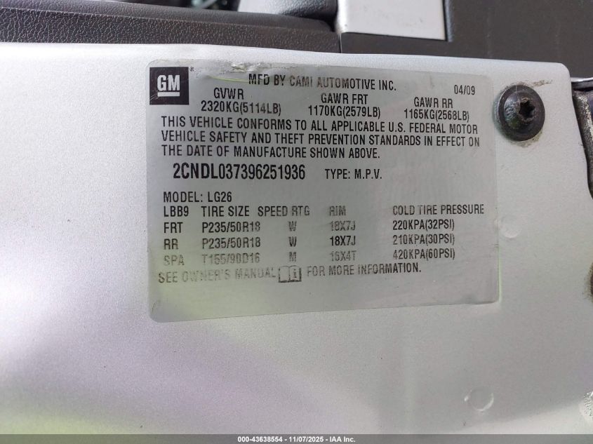 2009 Chevrolet Equinox Sport VIN: 2CNDL037396251936 Lot: 43638554