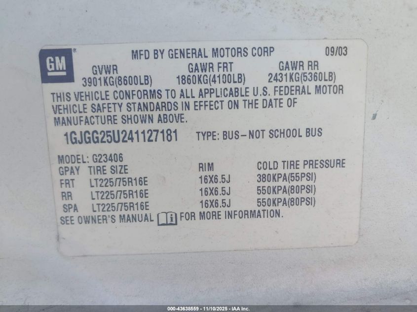 2004 GMC Savana Standard VIN: 1GJGG25U241127181 Lot: 43638559