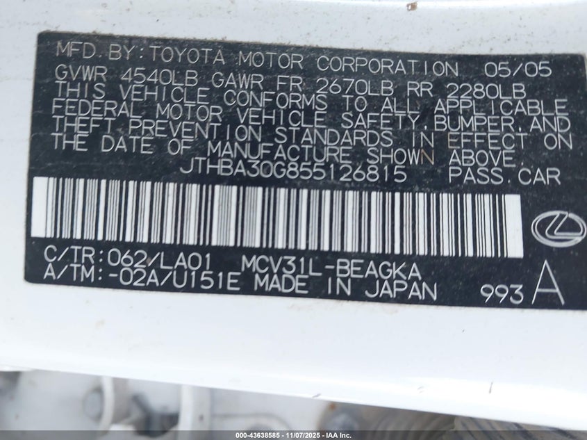 JTHBA30G855126815 2005 LEXUS ES photo no. 9