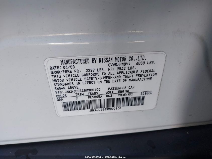 2009 Infiniti Ex35 Journey VIN: JNKAJ09E49M900100 Lot: 43638594
