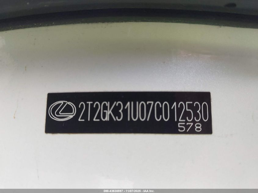 2007 Lexus Rx 350 VIN: 2T2GK31U07C012530 Lot: 43638597
