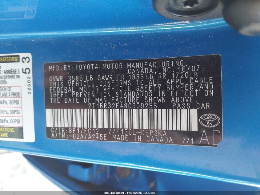 2008 Toyota Corolla S VIN: 2T1BR32E48C909255 Lot: 43638599