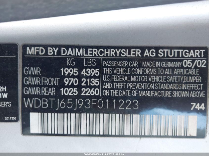 2003 Mercedes-Benz Clk 320 VIN: WDBTJ65J93F011223 Lot: 43638608