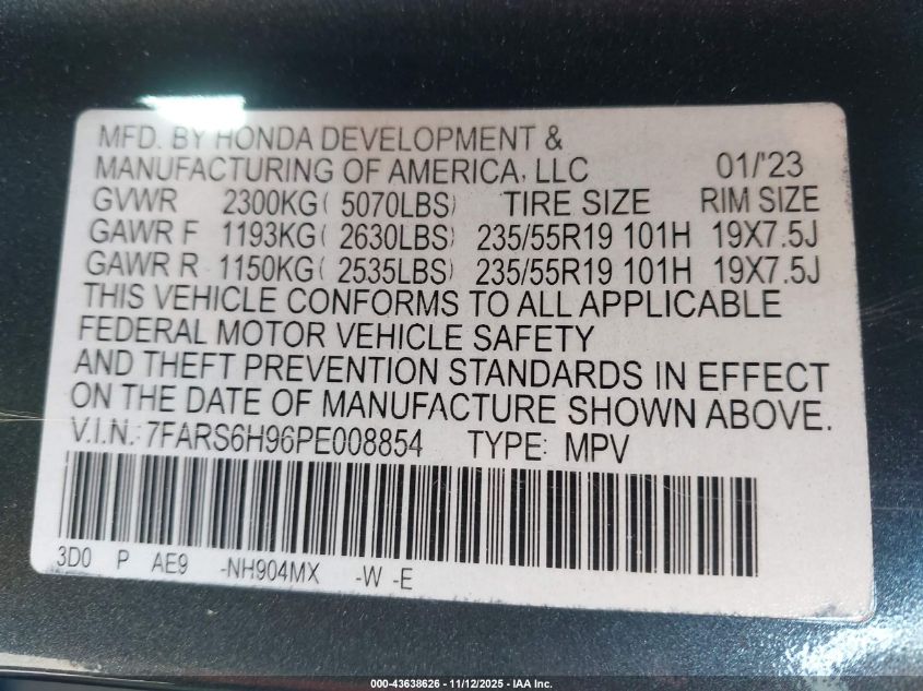 2023 Honda Cr-V Hybrid Sport Touring VIN: 7FARS6H96PE008854 Lot: 43638626