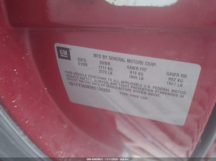 2008 Chevrolet Corvette VIN: 1G1YY36W985120265 Lot: 43638631