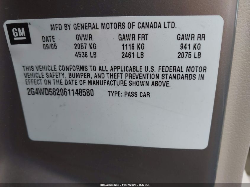 2006 Buick Lacrosse Cxl VIN: 2G4WD582061148580 Lot: 43638635