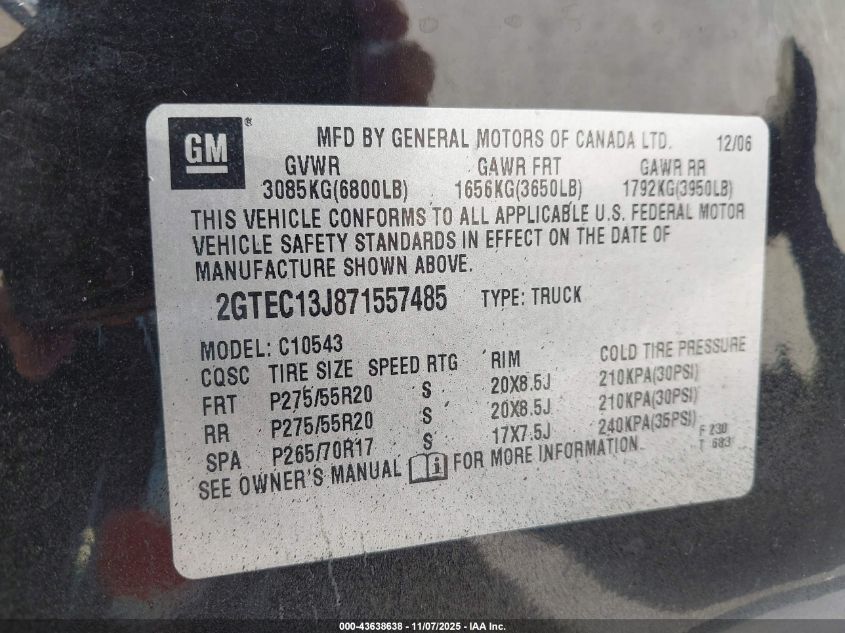 2007 GMC Sierra 1500 Slt VIN: 2GTEC13J871557485 Lot: 43638638
