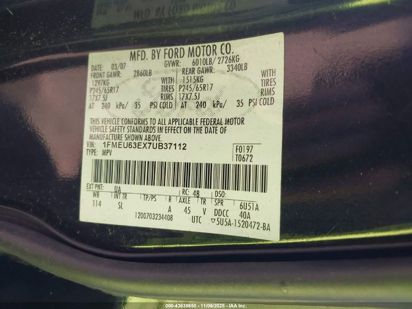 2007 Ford Explorer Xlt VIN: 1FMEU63EX7UB37112 Lot: 43638650