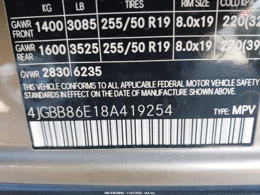 2008 Mercedes-Benz Ml 350 4Matic VIN: 4JGBB86E18A419254 Lot: 43638660