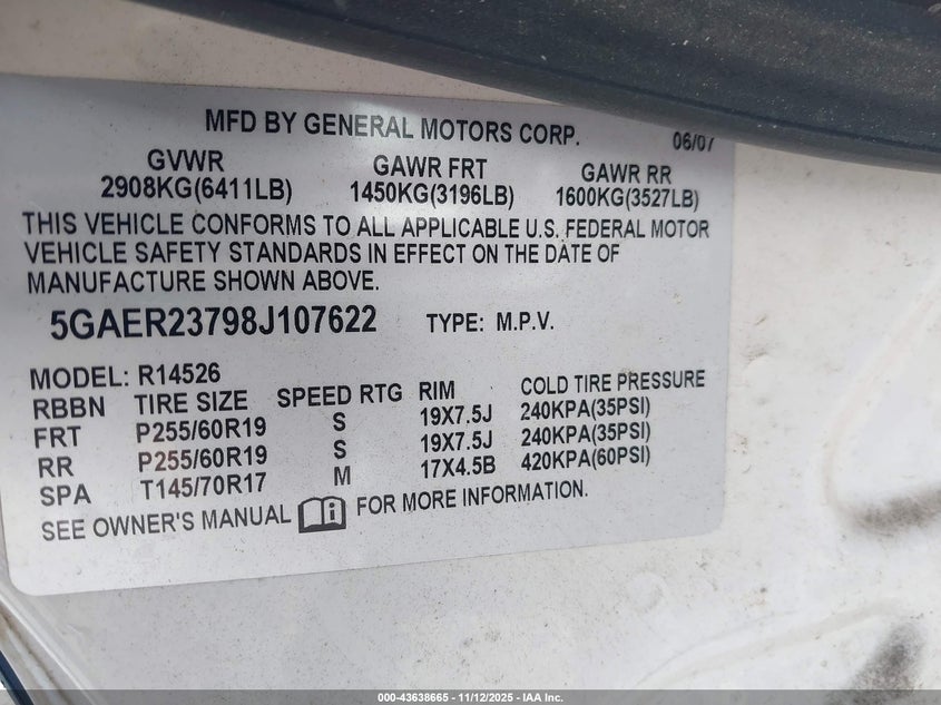 2008 Buick Enclave Cxl VIN: 5GAER23798J107622 Lot: 43638665