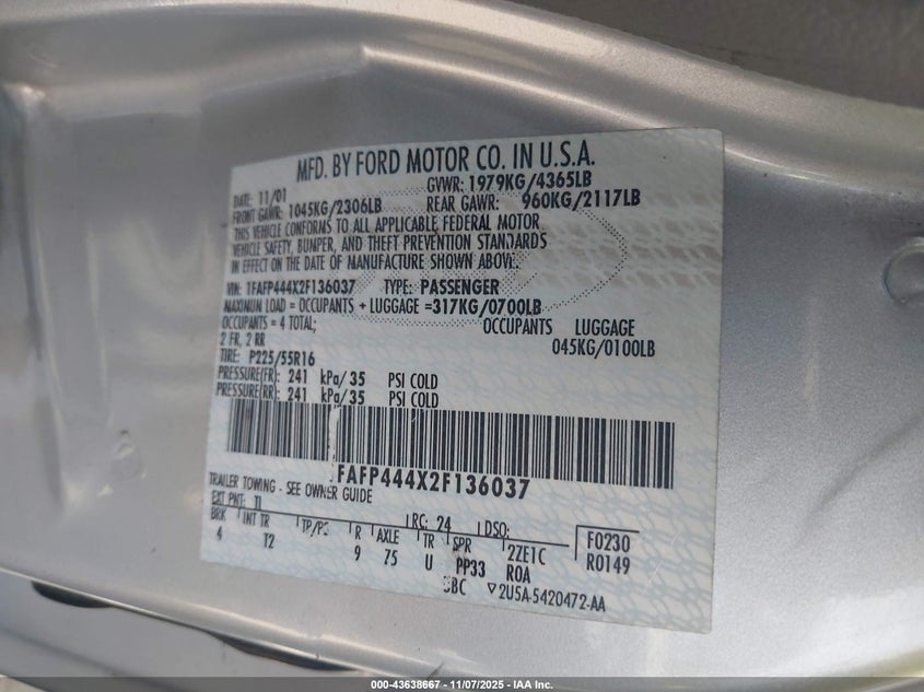 2002 Ford Mustang VIN: 1FAFP444X2F136037 Lot: 43638667