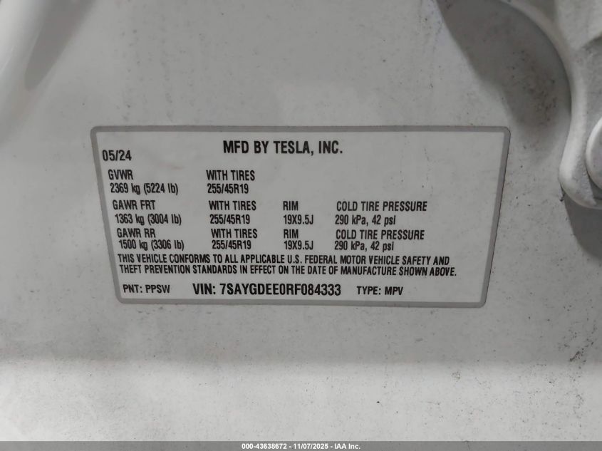 2024 Tesla Model Y Long Range Dual Motor All-Wheel Drive VIN: 7SAYGDEE0RF084333 Lot: 43638672