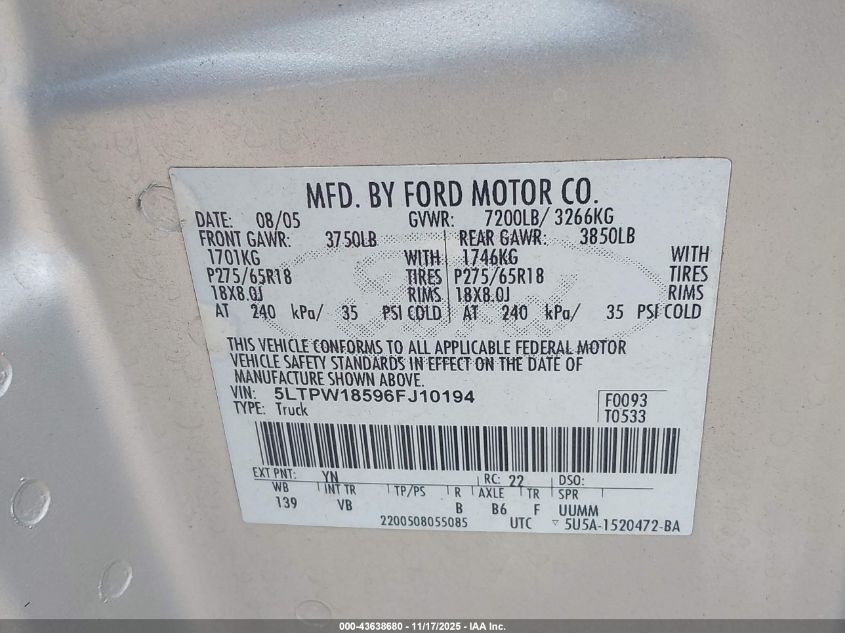 2006 Lincoln Mark Lt VIN: 5LTPW18596FJ10194 Lot: 43638680