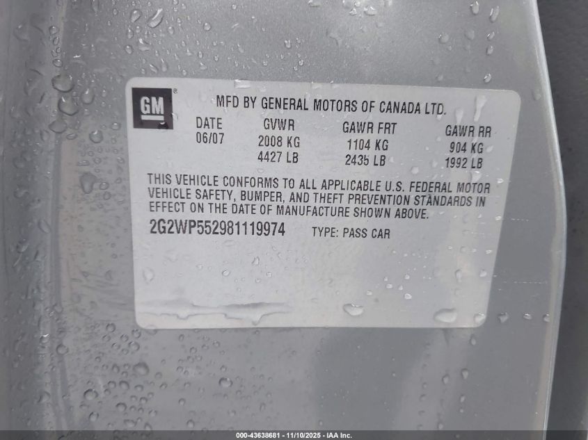 2008 Pontiac Grand Prix VIN: 2G2WP552981119974 Lot: 43638681