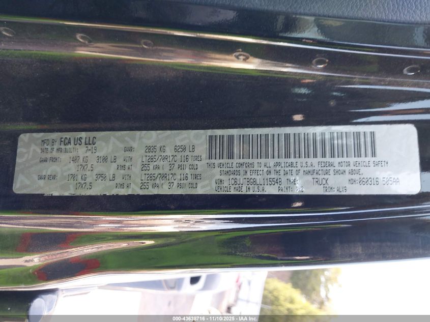 2020 Jeep Gladiator Rubicon 4X4 VIN: 1C6JJTBG8LL115548 Lot: 43638716