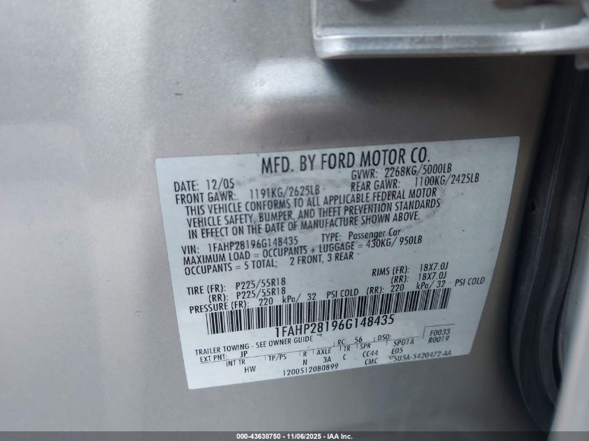 2006 Ford Five Hundred Limited VIN: 1FAHP28196G148435 Lot: 43638750