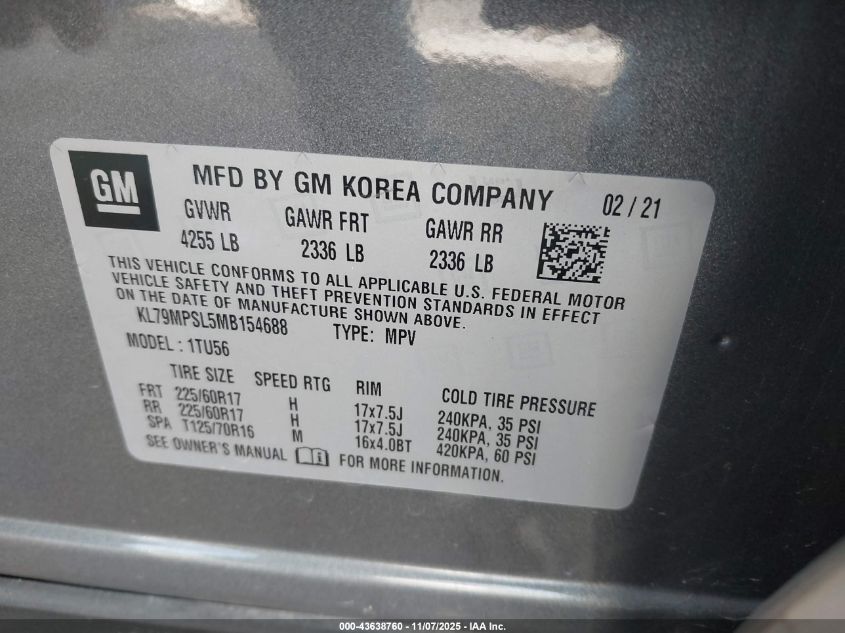 2021 Chevrolet Trailblazer Fwd Lt VIN: KL79MPSL5MB154688 Lot: 43638760